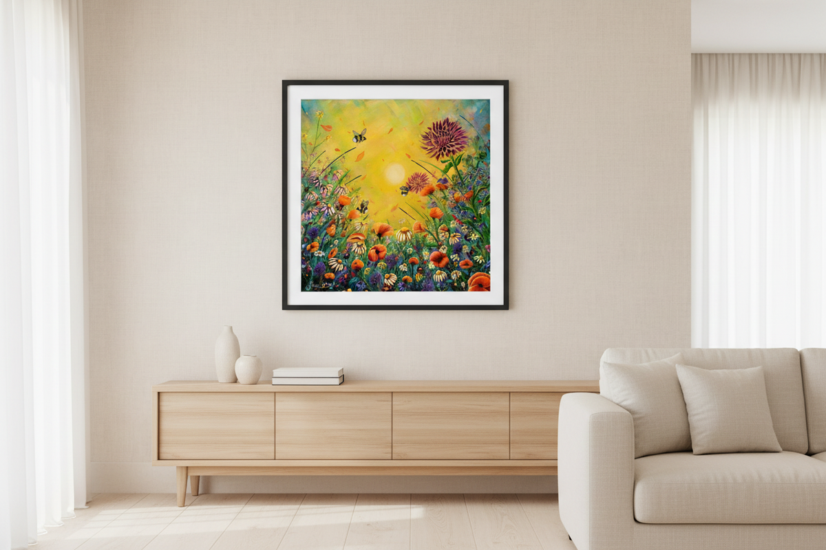 The Three Bees colourful wildflower art print displayed in a black frame above a light wood console in a neutral modern living room with a cream sofa.