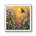 In Another Form colourful butterfly and wildflower fine art print displayed in a slim black frame with white border, featuring pink roses and a golden sky.