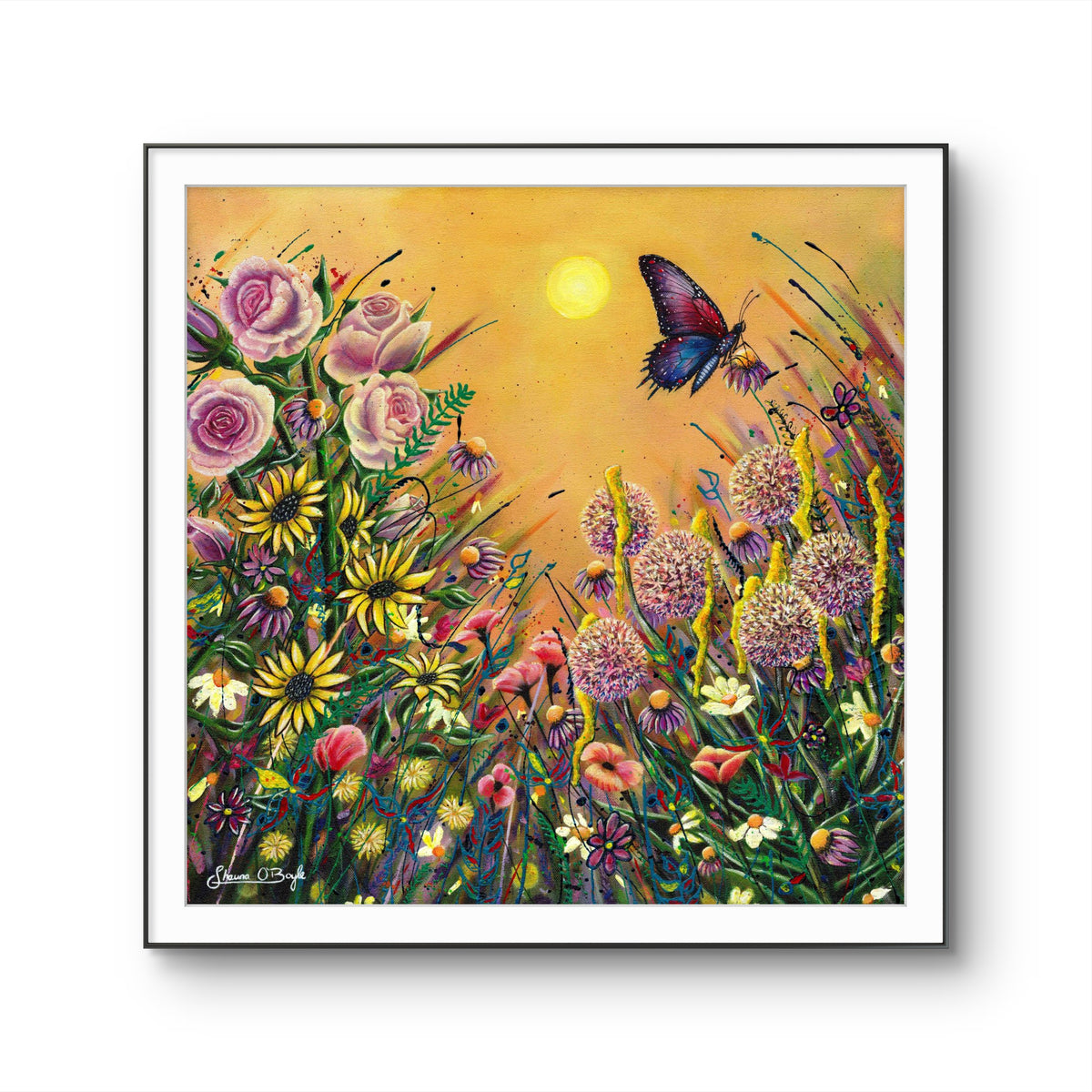 In Another Form colourful butterfly and wildflower fine art print displayed in a slim black frame with white border, featuring pink roses and a golden sky.