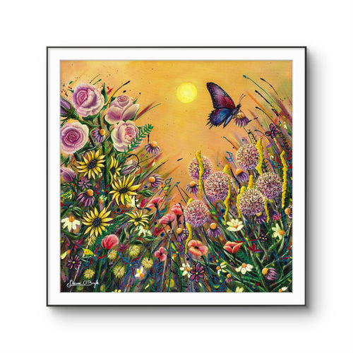 In Another Form colourful butterfly and wildflower fine art print displayed in a slim black frame with white border, featuring pink roses and a golden sky.
