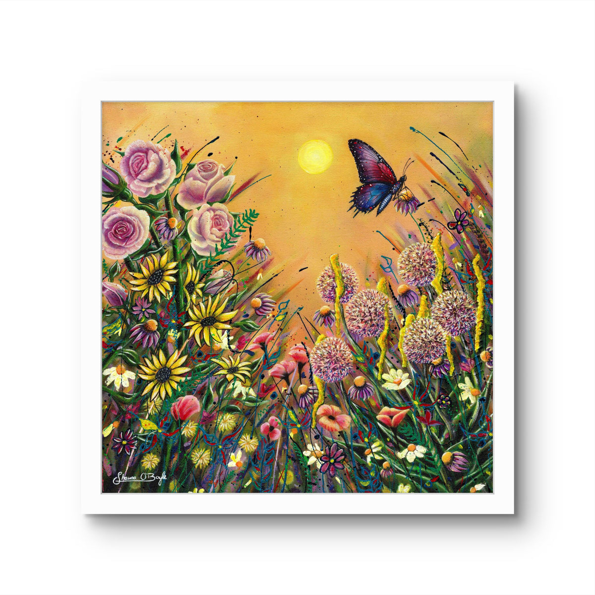In Another Form butterfly and botanical wall art print shown in a white frame, with colourful wildflowers, pink roses and a blue-purple butterfly.