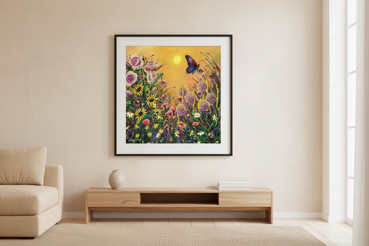 In Another Form framed butterfly and wildflower art print displayed above a light wooden console in a neutral modern living room with cream furnishings.