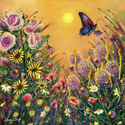 In Another Form butterfly and wildflower painting by Shauna O'Boyle, featuring pink roses, yellow daisies and a colourful butterfly against a golden sky.